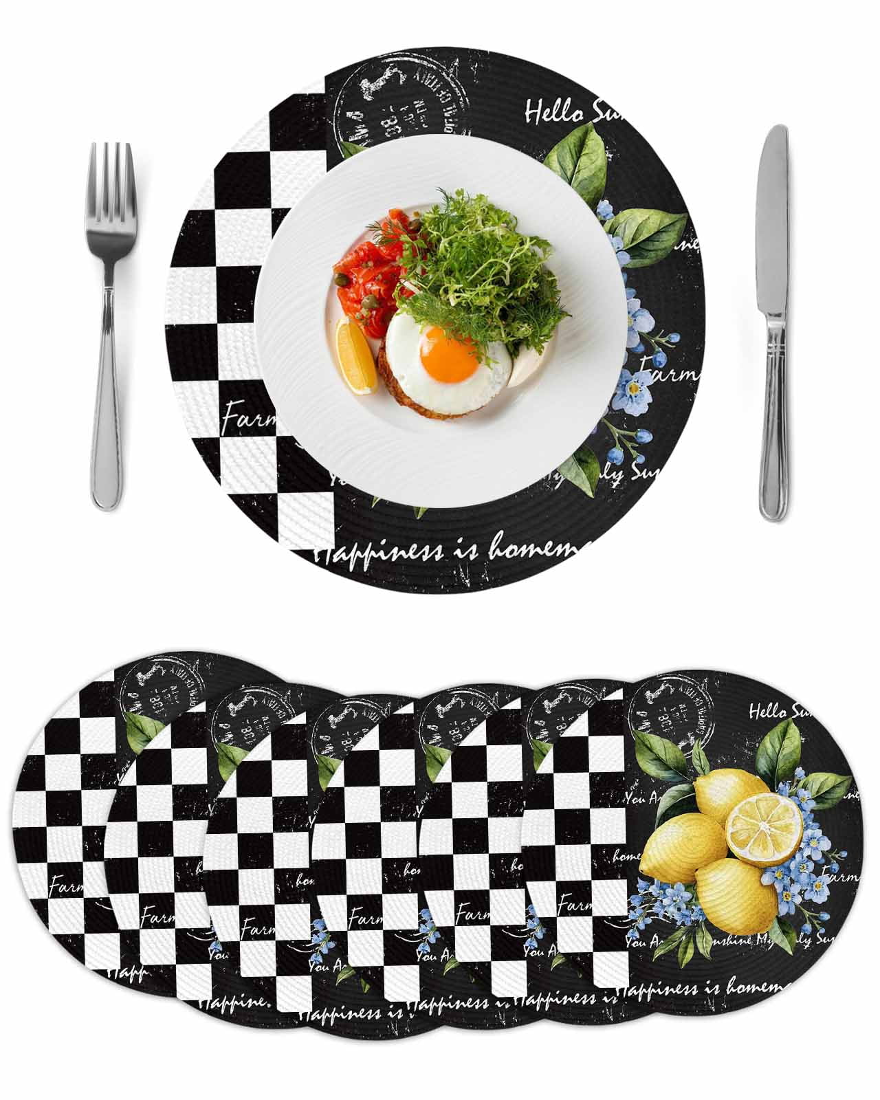 Lemon Round 13 Inch Placemats Set of 6, Spring Summer Black White ...