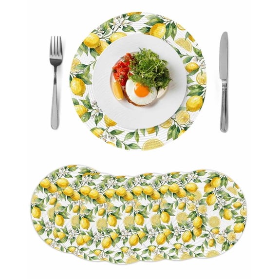 Lemon Round 13 Inch Placemats Set of 6, Yellow Fruits Summer Watercolor Botanical Leaf Plant HeatResistant Non Slip Place Mats for Dining Table, Wipeable Braided Kitchen Table Mats for Housewarming
