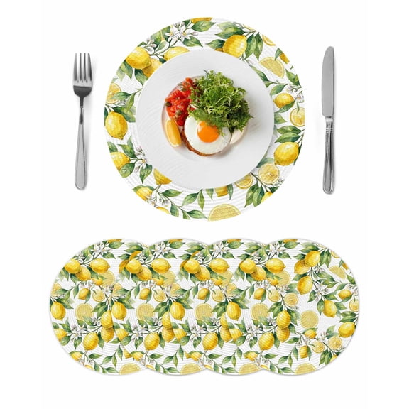 Lemon Round 15 Inch Placemats Set of 4, Yellow Fruits Summer Watercolor Botanical Leaf Plant HeatResistant Non Slip Place Mats for Dining Table, Wipeable Braided Kitchen Table Mats for Housewarming