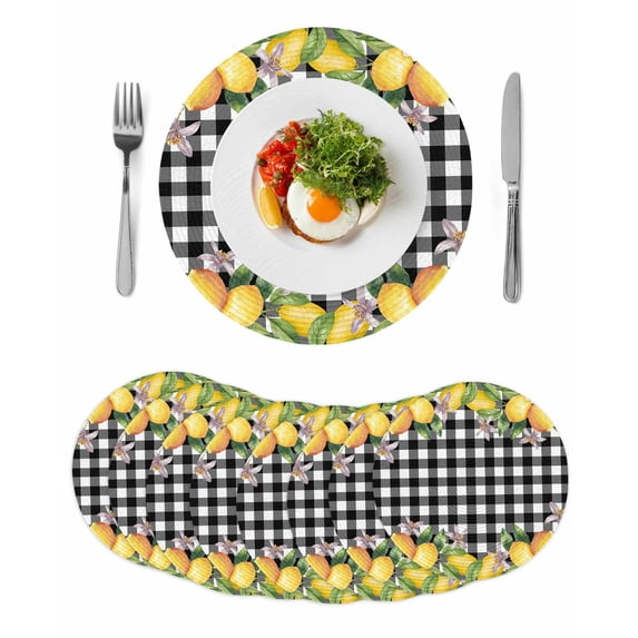 Lemon Round 15 Inch Placemats Set of 8, Black Plaid Check Yellow Fruit Flower Floral HeatResistant Non Slip Place Mats for Dining Table, Wipeable Braided Kitchen Table Mats for Housewarming