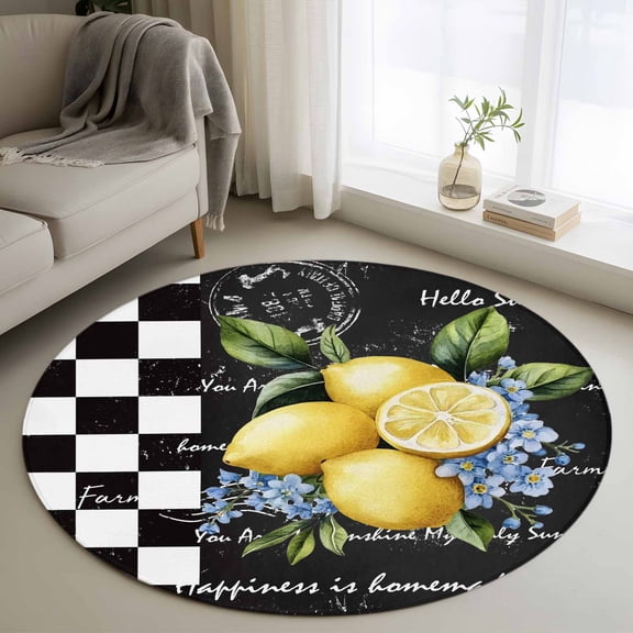 Lemon Round Area Rug 3.3 FT, Non Slip Small Entryway Kitchen Mat, Spring Summer Black White Checkered Plaid Washable Soft Circular Rug Non-Shedding Door Mat for Bathroom Playroom Kids Room