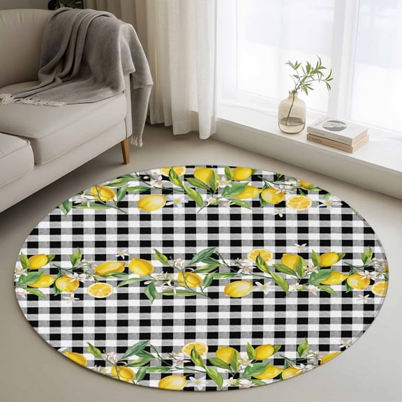 Lemon Round Area Rug 3 FT,Small Kitchen Bathroom Mats,Farmhouse Summer Botanical Fruit Black White Plaid Washable Indoor Outdoor Throw Runner Rugs Doormat for Table Shower Sofa Entryway