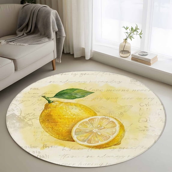 Lemon Round Area Rug 3Ft Washable Small Circle Rugs for Kitchen Entryway, Yellow Summer Botanical Watercolor Modern Art Non-Slip Carpet Floor Mats Indoor Outdoor Carpet Runner Aesthetic Home Decor