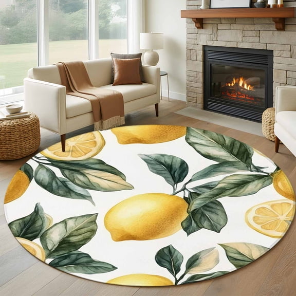 Lemon Round Area Rug 5 FT, Non Slip Bedroom Area Rug, Summer Yellow Fruit Country Spring Leaf Plant Washable Soft Circular Carpet Non-Shedding Floor Mat for Kitchen Dining Room Foyer Balcony Dorm