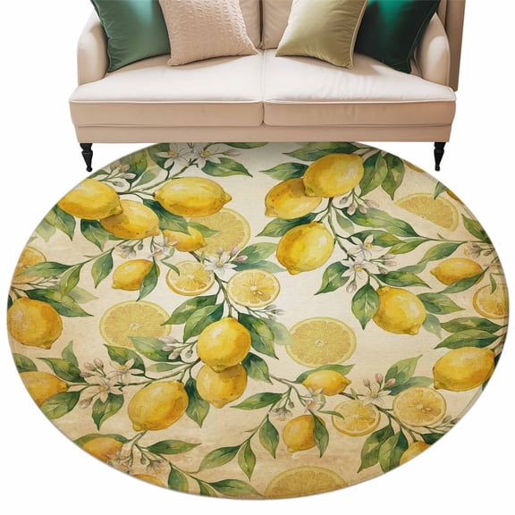 Lemon Round Area Rug 5ft Washable Large Round Rug for Living Room, Soft Non-Slip Circle Rugs for Dining Room, Farmhouse Vintage Summer Retro Fruits Yellow Brown Carpet for Bedroom Entryway Office