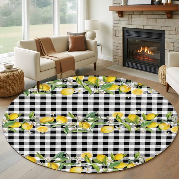 Lemon Round Area Rug 6 FT, Non Slip Bedroom Rugs, Farmhouse Summer Botanical Fruit Black White Plaid Washable Soft Circular Carpet Non-Shedding Floor Mat for Kitchen Dining Room Home Office Kids Room