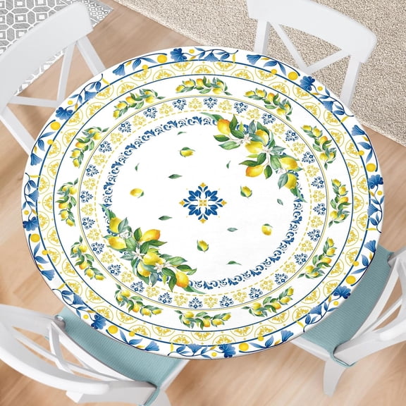 Lemon Round Fitted Tablecloth with Elastic Edge Summer Outdoor Tablecloth Waterproof Table Cover for Picnic Dinner Party Decor Fits 40-44" Diameter Round Tables