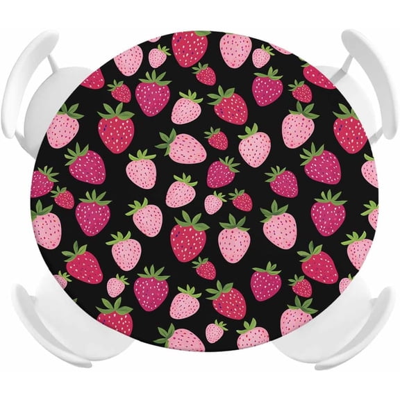 Lemon Round Fitted Tablecloth with Elastic Edged, Summer Fruit Flowers Blue Stripes Waterproof Oil Proof Wipeable Table Cover for Dinner Outdoor Picnic Wedding Party - Fits 36" - 44" Round Tables