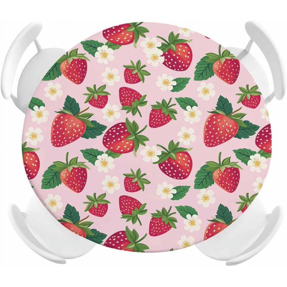 Lemon Round Fitted Tablecloth with Elastic Edged, Summer Fruit Flowers Blue Stripes Waterproof Oil Proof Wipeable Table Cover for Dinner Outdoor Picnic Wedding Party - Fits 36" - 44" Round Tables