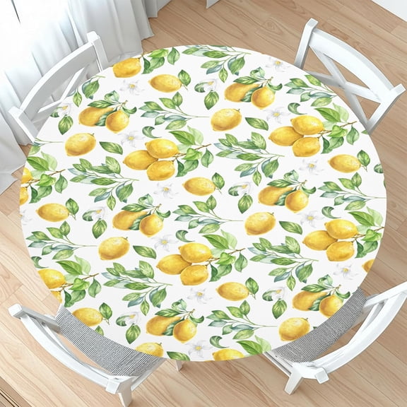 Lemon Round Fitted Tablecloth with Elastic Spring Summer Yellow Lemons Circle Table Cloth for 36-40" Round Tables Wipeable Waterproof Lemonade Party Farmhouse Table Cover for Picnic Dining Outdoor