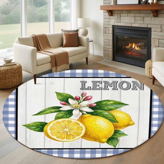 Lemon Round Living Room Rugs 7 ft, Summer Fruit Floral Wood Grain Blue Plaid Washable Area Rug with Non-Slip Sturdy Edge Binding Round Carpet for Kitchen Office Bedroom