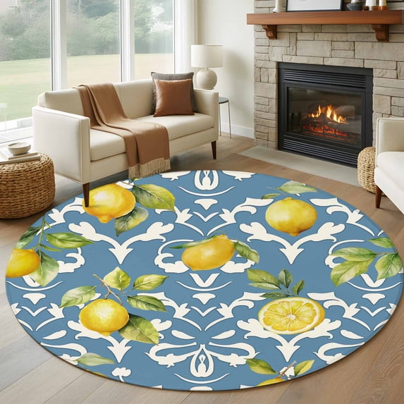 Lemon with Round Rugs for Living Room 6ft Leaves Floral Pattern Blue Non Slip Circle Rug Washable Low-Profile Indoor Carpet for Bedroom, Dining Room, Bathroom