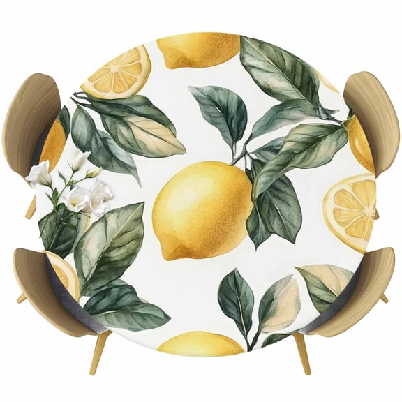 Lemon Round Tablecloth 36-44 Inch Round Fitted Table Cloth with Elastic Edge, Summer Yellow Fruit Country Spring Leaf Plant Waterproof Table Cover Protector for Outdoor Picnic Party Dining