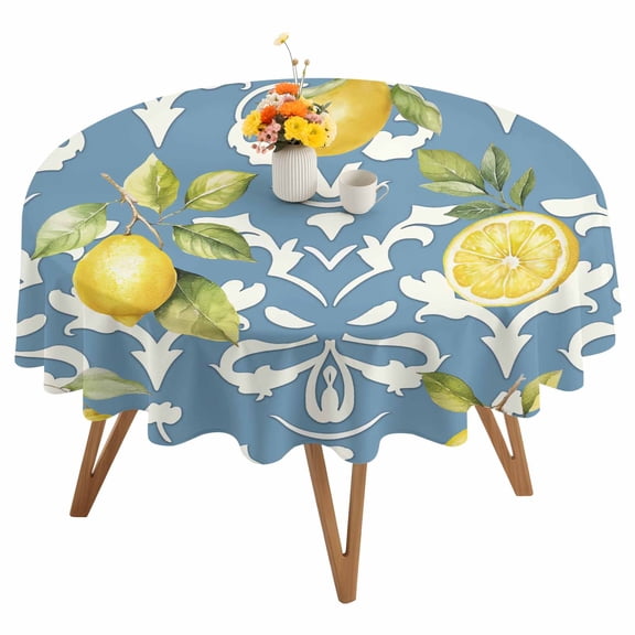 Lemon with Round Tablecloth 54 inches Leaves Floral Pattern Blue Waterproof Oil-Proof Table Cloth Round Table Cover for Holiday Party Picnic Dinner Decor Indoor and Outdoor Use