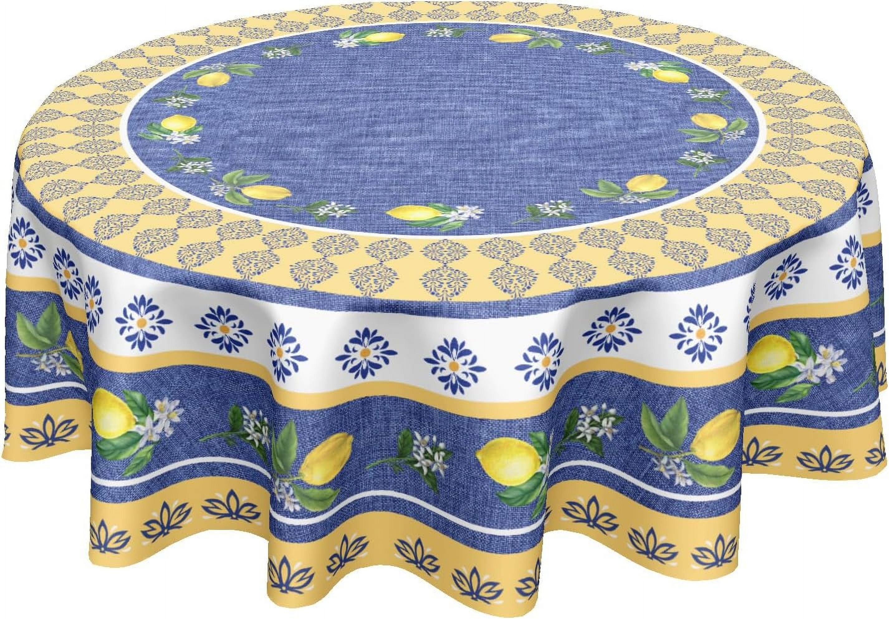 Lemon Round Tablecloth 60 Inch Blue Yellow French Country Style Fruit Floral Print Table Cloth Rustic Farmhouse Washable Polyester Table Cover for Kitchen Dining Room Party Indoor Outdoor Home Decor