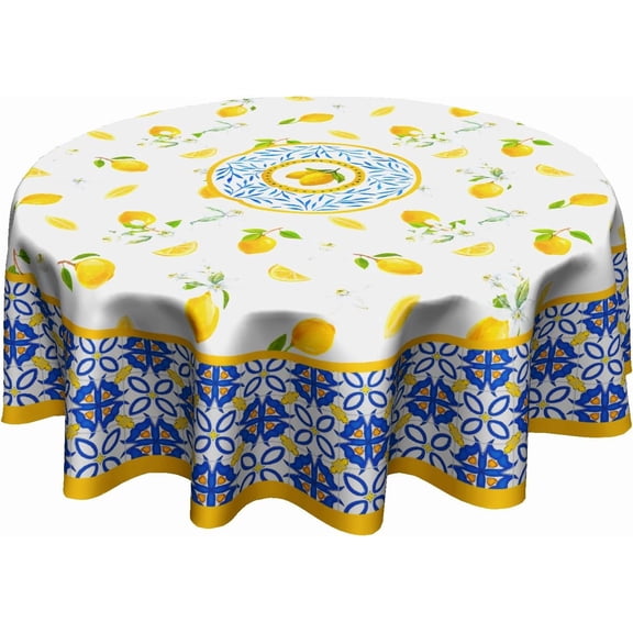 Lemon Round Tablecloth 60 Inch - Watercolor Floral Lemon Table Cloths Tile Flowers Fruits Table Cover Decorative for Kitchen Dining Room Picnic Party