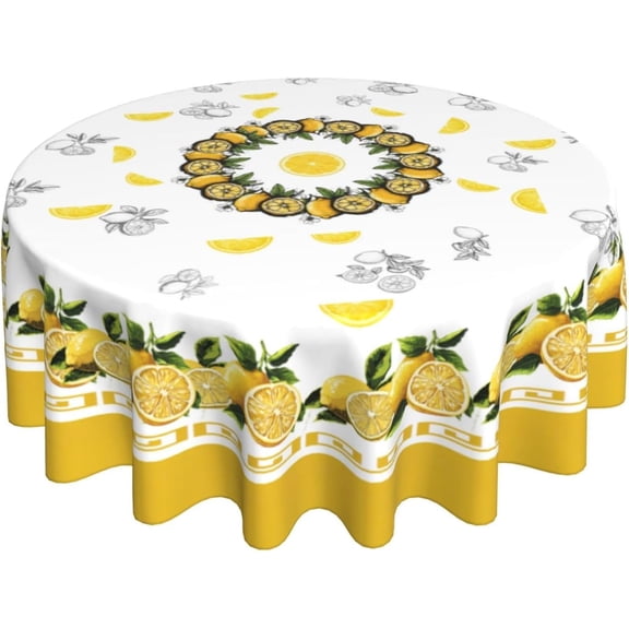 Lemon Round Tablecloth 60 inch, Yellow Citrus Fruit Summer Flower Table Cover, Vintage Style Wrinkle Free Circular Table Cloth for Kitchen Dining Party Holiday Decor