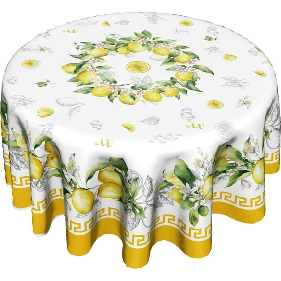 Lemon Round Tablecloth 60 inch, Yellow Citrus Fruit Summer Flower Table Cover, Vintage Style Wrinkle Free Circular Table Cloth for Kitchen Dining Party Holiday Decor