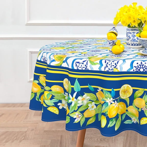 Lemon Round Tablecloth 60x60 Inch Waterproof Washable Spring Summer Lemon Table Cloth Blue Seasonal Tablecloth for Party Picnic Dinner Home Decor