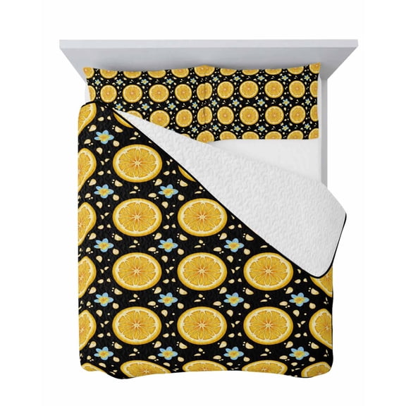 Lemon Rounds 3 Piece Quilt Set Full Size, Summer Fruit Boho Floral Rustic Country Black Background Soft Bedspread Coverlet Bedding Set Microfiber Comforter Set with 2 Pillowcases for Bedroom
