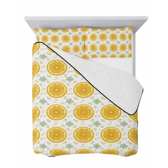 Lemon Rounds 3 Piece Quilt Set Full Size, Summer Fruit Boho Floral Rustic Country Rind Texture Soft Bedspread Coverlet Bedding Set Microfiber Lightweight Comforter Set with 2 Pillowcases for Bedroom