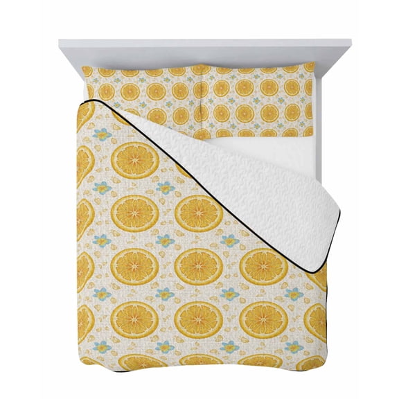 Lemon Rounds 3 Piece Quilt Set Queen Size, Summer Fruit Boho Floral Rustic Linen Texture Soft Bedspread Coverlet Bedding Set Microfiber Lightweight Comforter Set with 2 Pillowcases for Bedroom