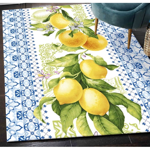 Lemon Rug, Blue Rugs, Yellow Rug, Modern Rug, Bath Rug, Hallway Rug, Kitchen Rug, Bridesmaid Gift, Pet Friendly Rug, Yellow Rug, Summer Rug, 2.6'x9.2' - 80x280 cm