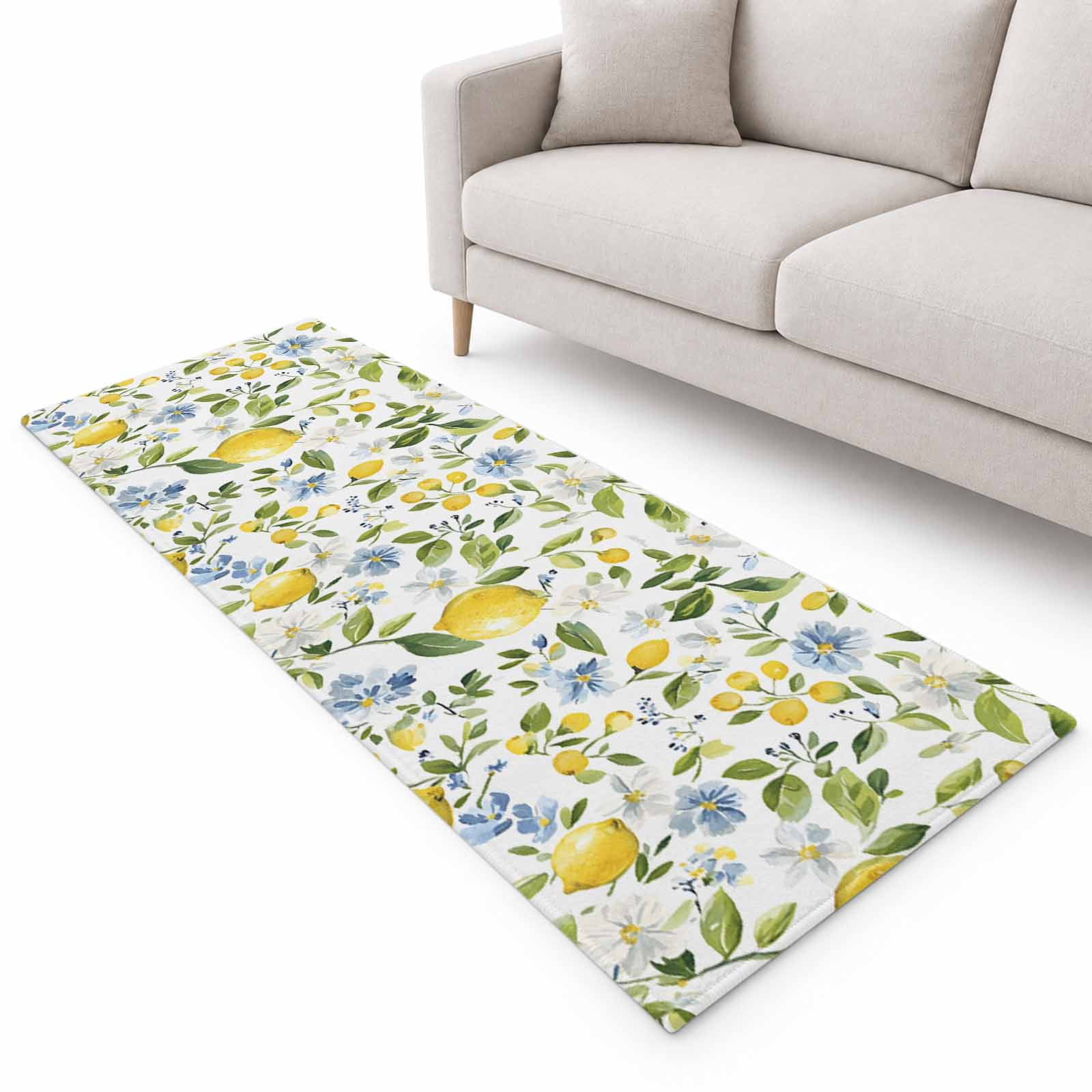 Lemon with Runner Rug 2.6'x8', Green Leaf Blooming Floral Botanical ...