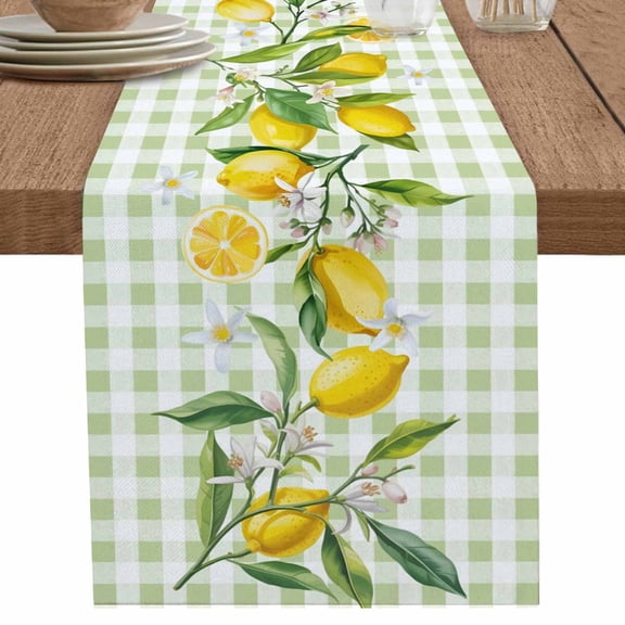 Lemon Sage Green Table Runner 120 Inches Long for Dining Table Decor,Buffalo Plaid Check Summer Yellow Fruit Burlap Linen Farmhouse Table Runner Coffee Table Runners Dresser for Kitchen Party Holiday