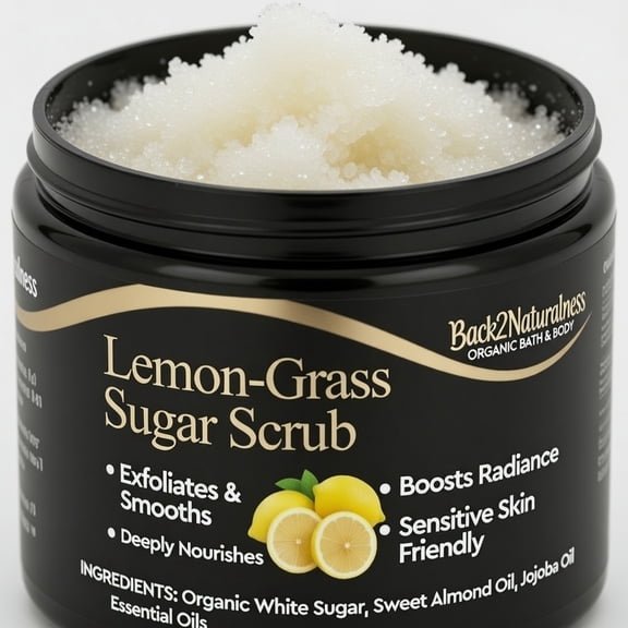 Back2Naturalness Lemon-Grass Zest Organic Sugar Scrub (Body Scrub) - For Men and Women, 3.5 oz- All Skin Types, Natural Ingredients