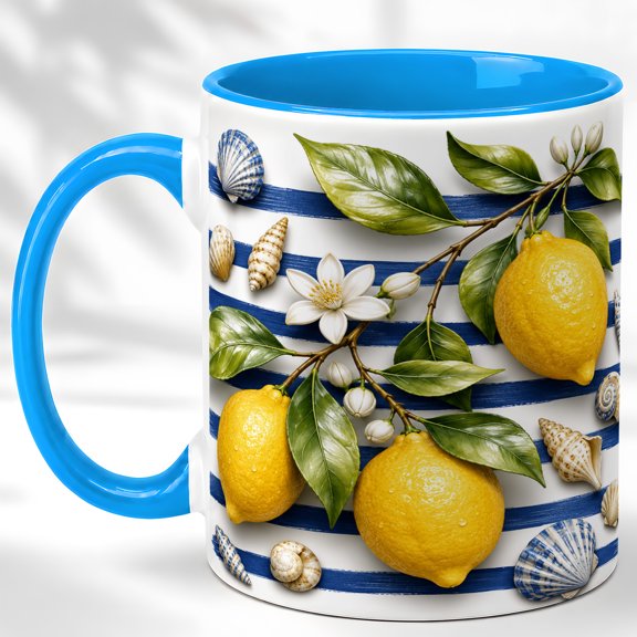 Lemon Seashell Coffee Mug, Coastal Citrus Mug, Ceramic 11 oz