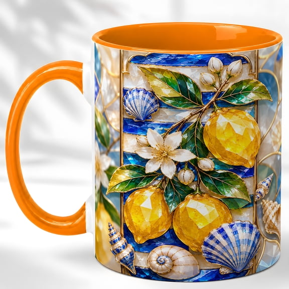 Lemon Seashell Coffee Mug, Coastal Citrus Mug, Ceramic 11 oz