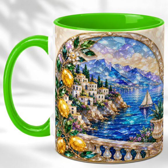 Lemon Seaside Village Coffee Mug, Mediterranean Scenic Mug, Ceramic 11 oz