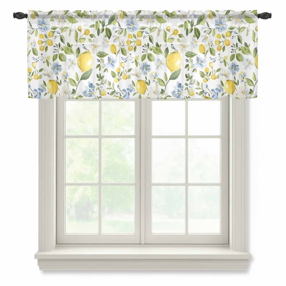 Lemon with Semi Sheer Valance Curtains, Green Leaf Blooming Floral Botanical Farm Country Voile Valances Curtain Rod Pocket Small Window Treatment for Kitchen Bathroom Cafe 42"x12"