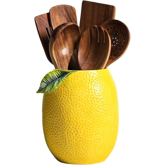 Lemon Shaped Ceramic Kitchen Utensil Holder, Large Cooking Utensil Crocks for Kitchen Countertop, Ceramic Utensil Organizer for Spatula-A