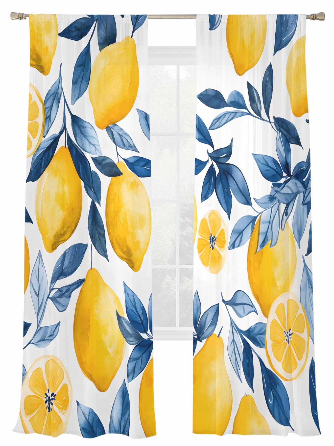 Lemon Sheer Curtains 2 Panels Set Summer Watercolor Country Yellow ...