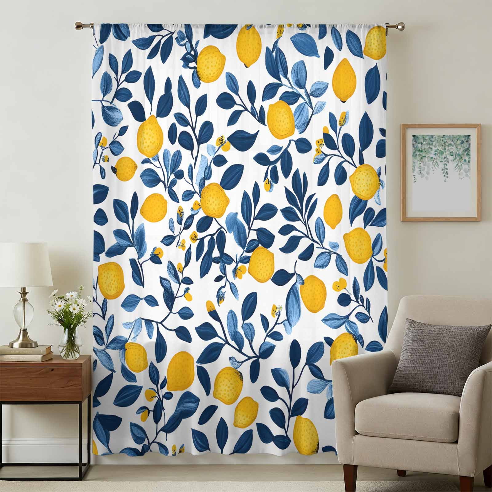 Lemon Sheer Curtains 45 Inches Long, Fruit Leaf Branch Summer Spring ...