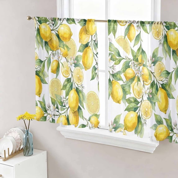 Lemon Sheer Curtains 54 Inch Length 2 Panels Set Window Treatments, Yellow Fruits Summer Watercolor Botanical Leaf Plant Rod Pocket Semi Curtains for Living Room/Bedroom/Kitchen Décor, 104"W x 54"L
