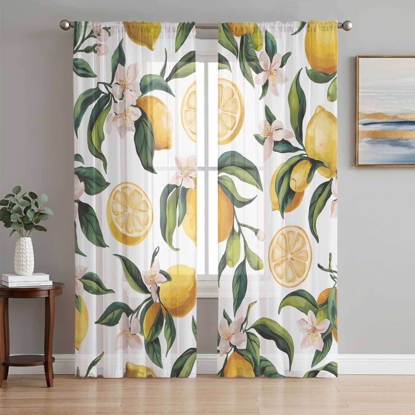 Lemon Sheer Curtains 63 Inch Length 2 Panels Set, Yellow Fruit ...