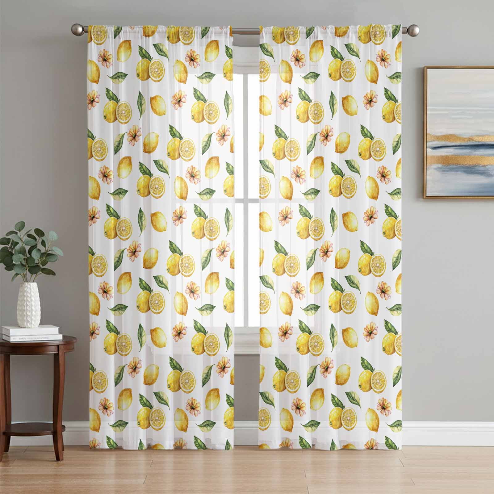 Lemon Sheer Curtains 72 Inch Length 2 Panels Set, Yellow Summer Fruit ...