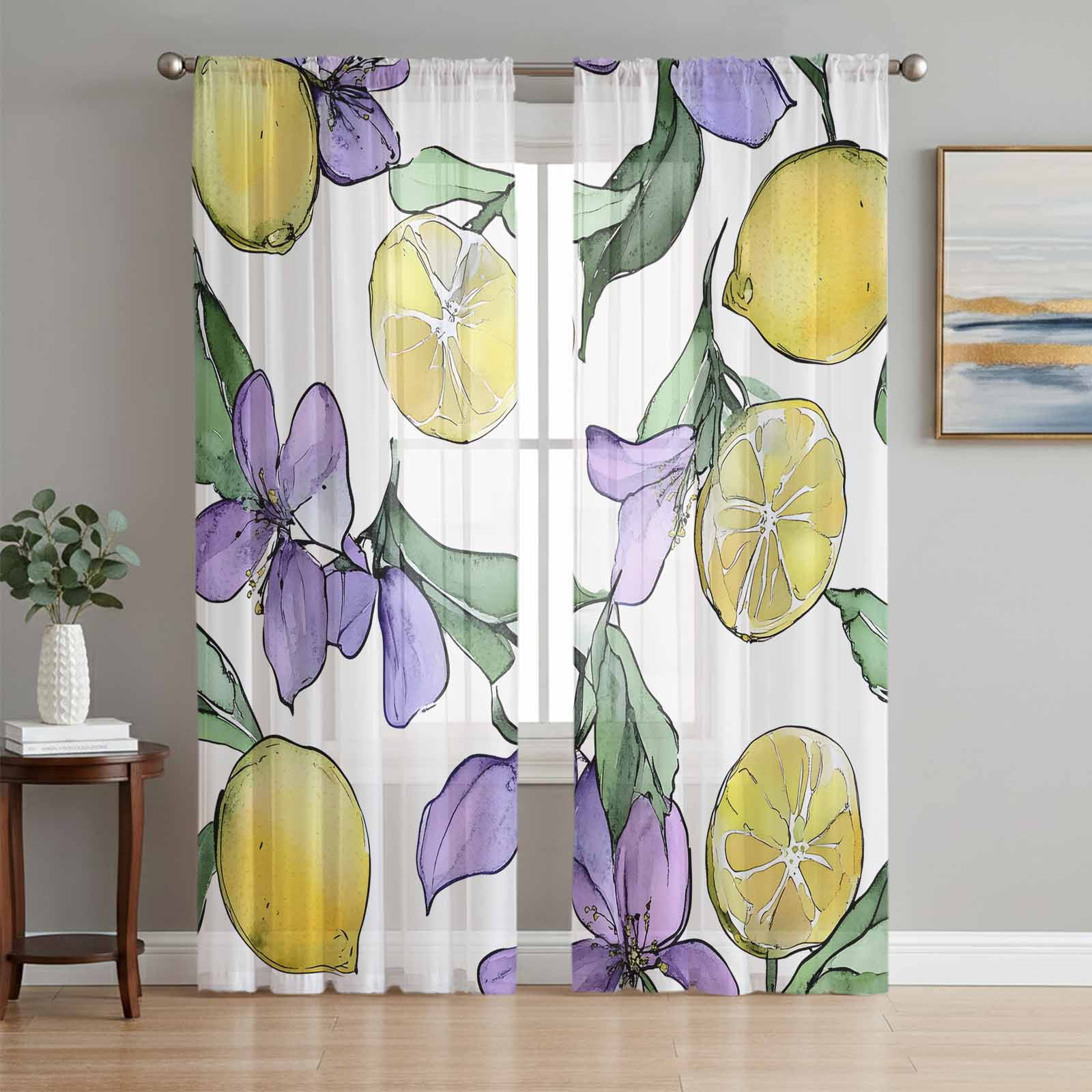 Lemon Sheer Curtains 84 Inch Length 2 Panels Set, Purple Flower Floral ...