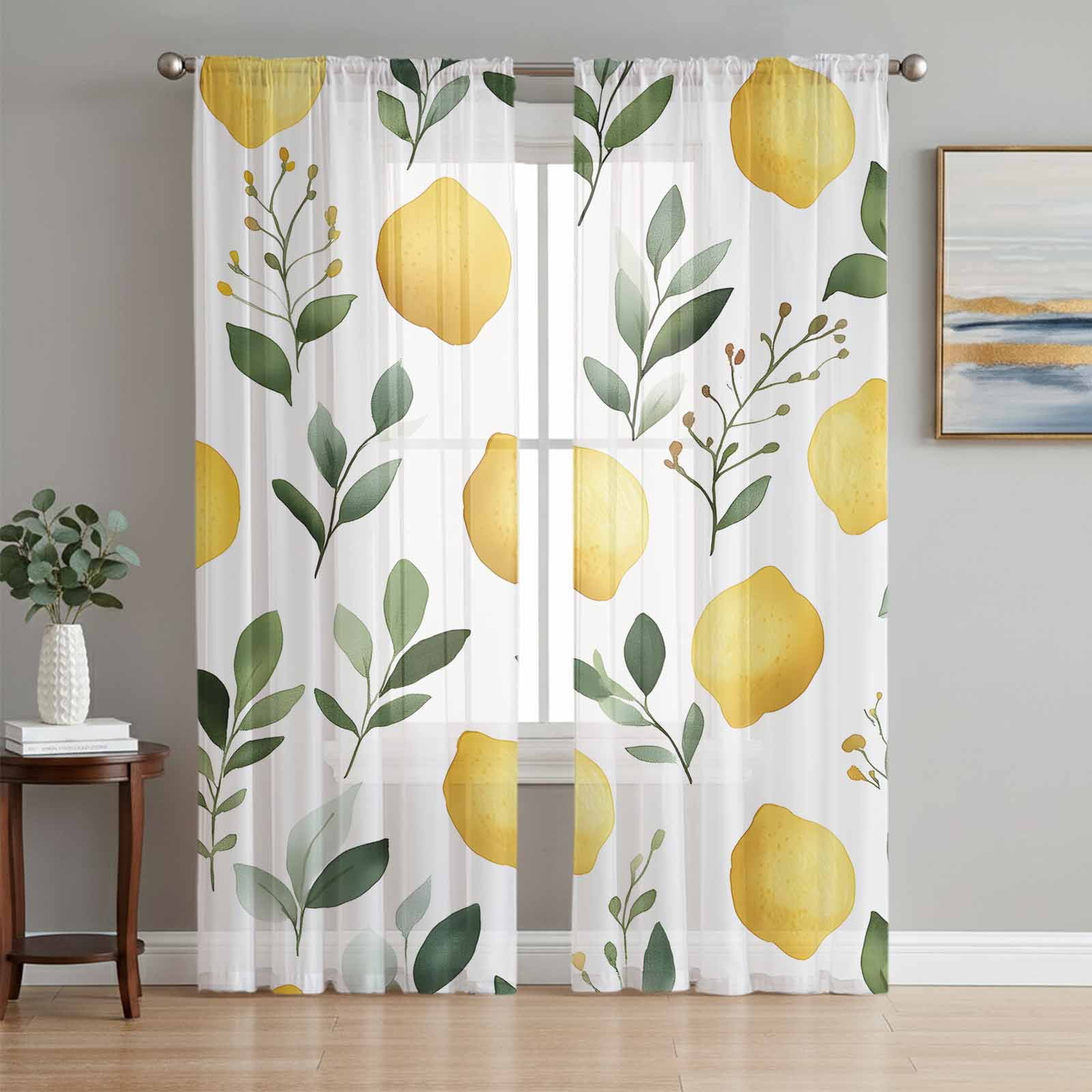Lemon Sheer Curtains 84 Inch Length 2 Panels Set, Yellow Fruit Sage ...