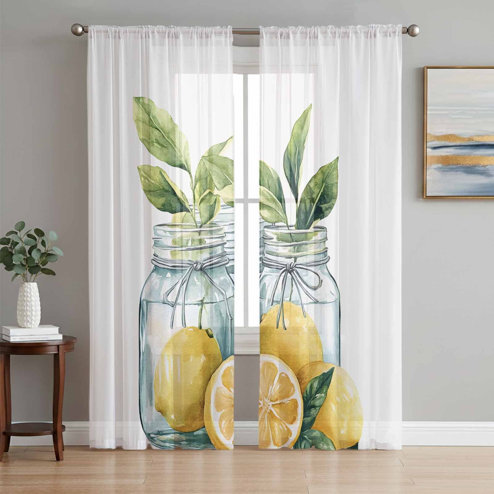 Lemon Sheer Curtains 96 Inch Length 2 Panels Set, Summer Watercolor ...