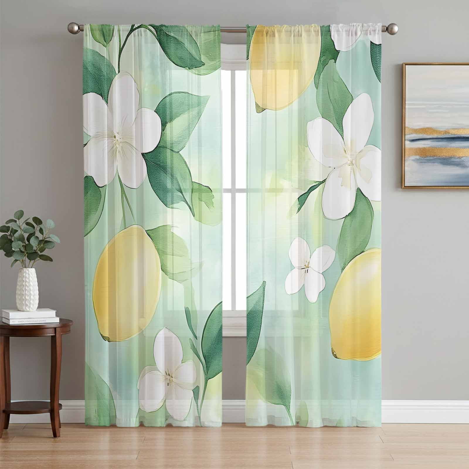 Lemon Sheer Curtains 96 Inch Length 2 Panels Set, White Floral Spring ...