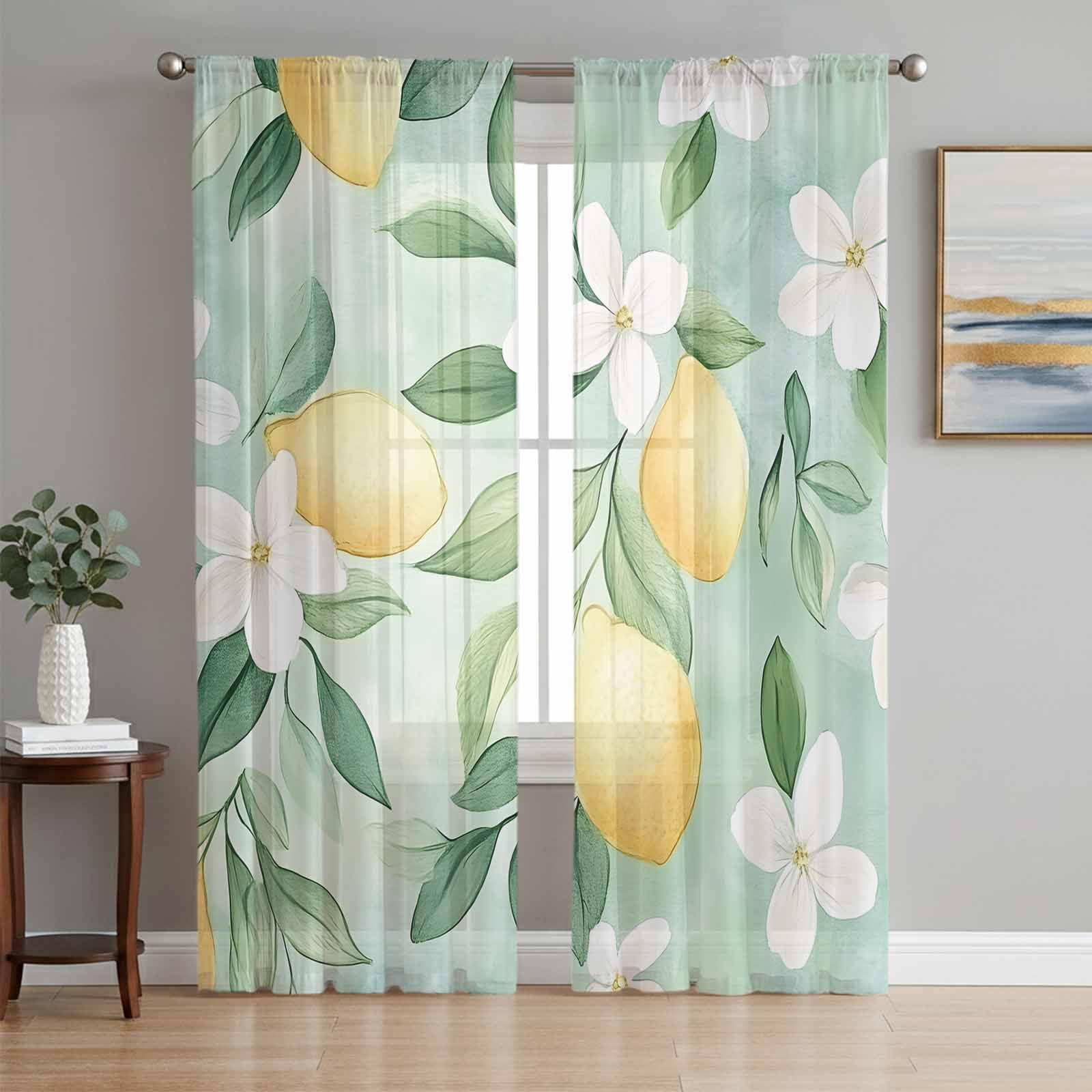 Lemon Sheer Curtains 96 Inch Length 2 Panels Set, White Floral ...