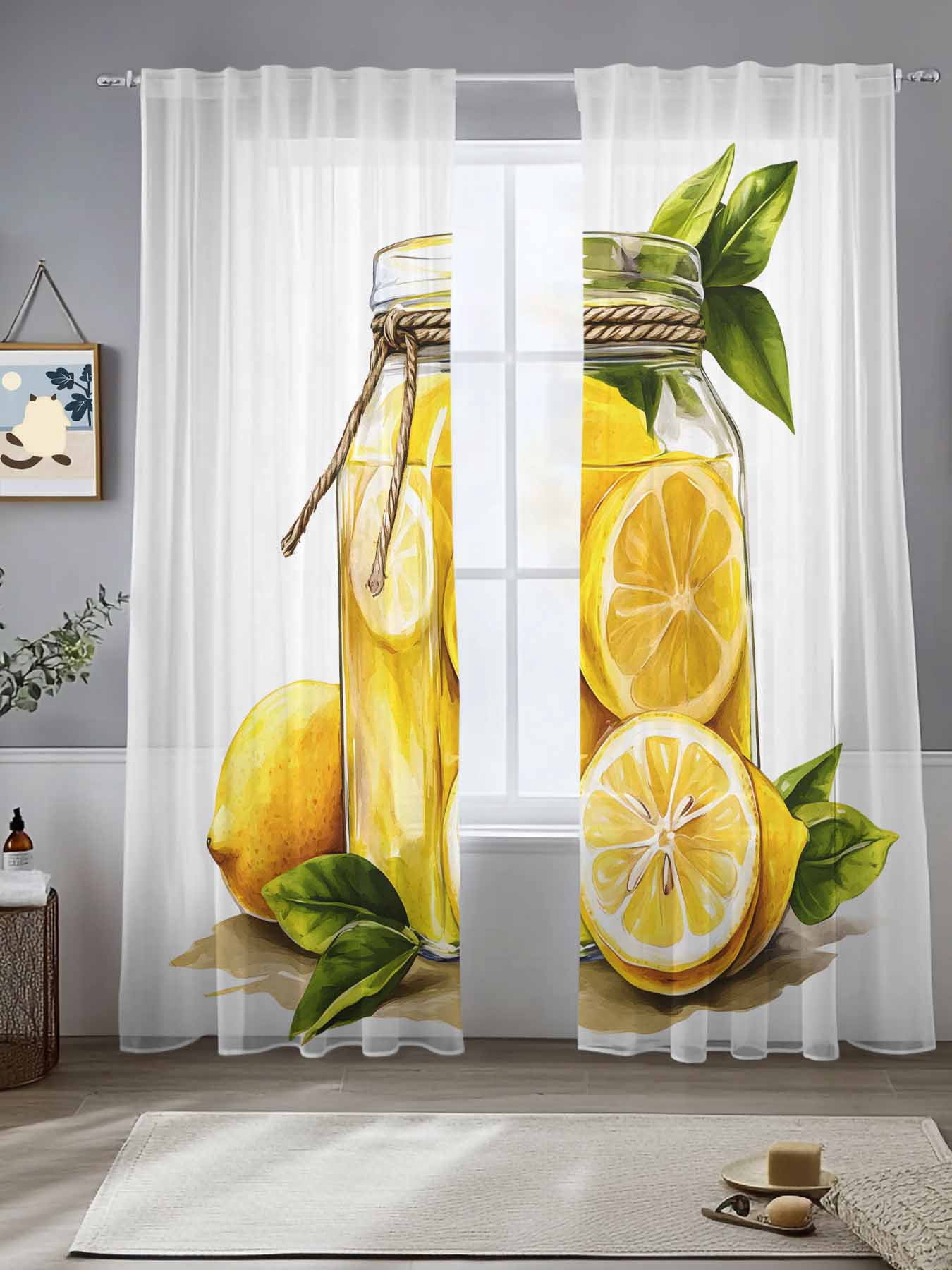 Lemon Sheer Curtains for Living Room Bedroom Summer Fruit Watercolor ...