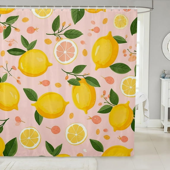 Lemon Shower Curtain Kids Cartoon Lemon Fabric Shower Curtain Citrus Bathroom Waterproof Accessories with 12 Hooks for Women Men Yellow Pink Curtains,72x72 Inches