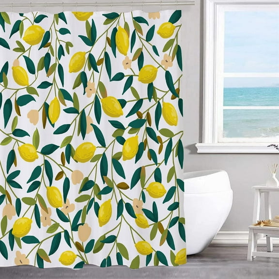 Lemon Shower Curtain Sets Cute Yellow Green Leaves Colorful Design Fabric Bathroom Curtain with 12 Hooks Waterproof and Machine Washable,72 in×72 in