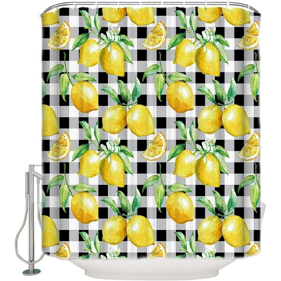 Lemon Shower Curtain Waterproof Polyester Fabric Shower Curtain Set Yellow Lemon Summer Fruit Black White Buffalo Check Plaid Curtain Decor Sets with Hooks for Bathroom Standard Size72x72 Inch