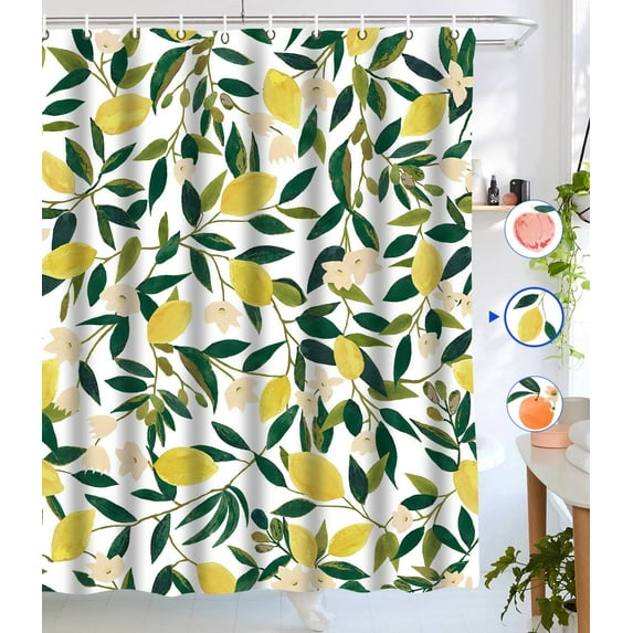 Lemon Shower Curtains, Allover Fruits Shower Curtain Green Leaves Plant Design Waterproof Fabric Bathroom Shower Curtain Set with 12 Hooks, Green Yellow 72"×72"